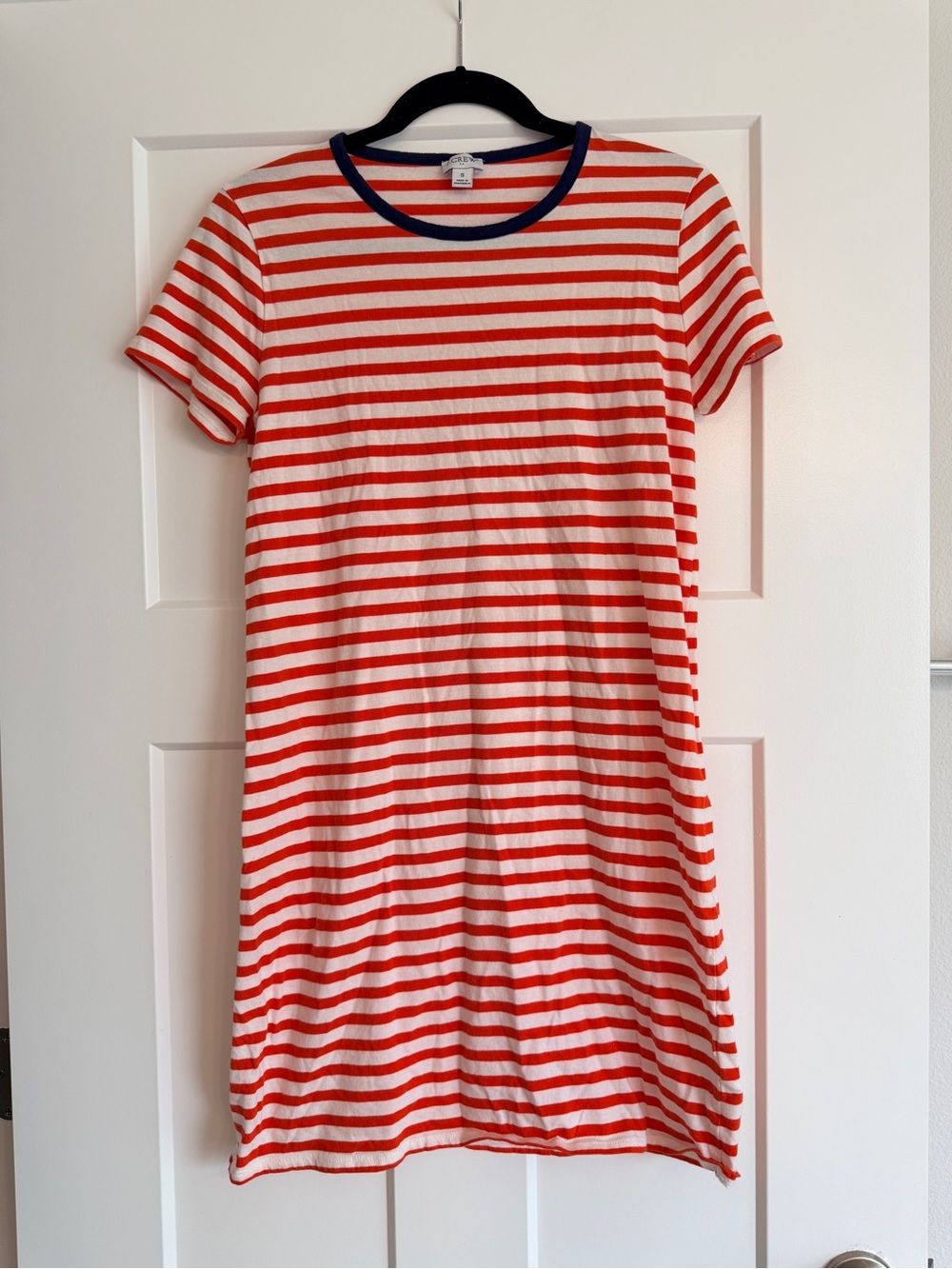 J. Crew Red and White Striped Midi Dress with Navy Trim